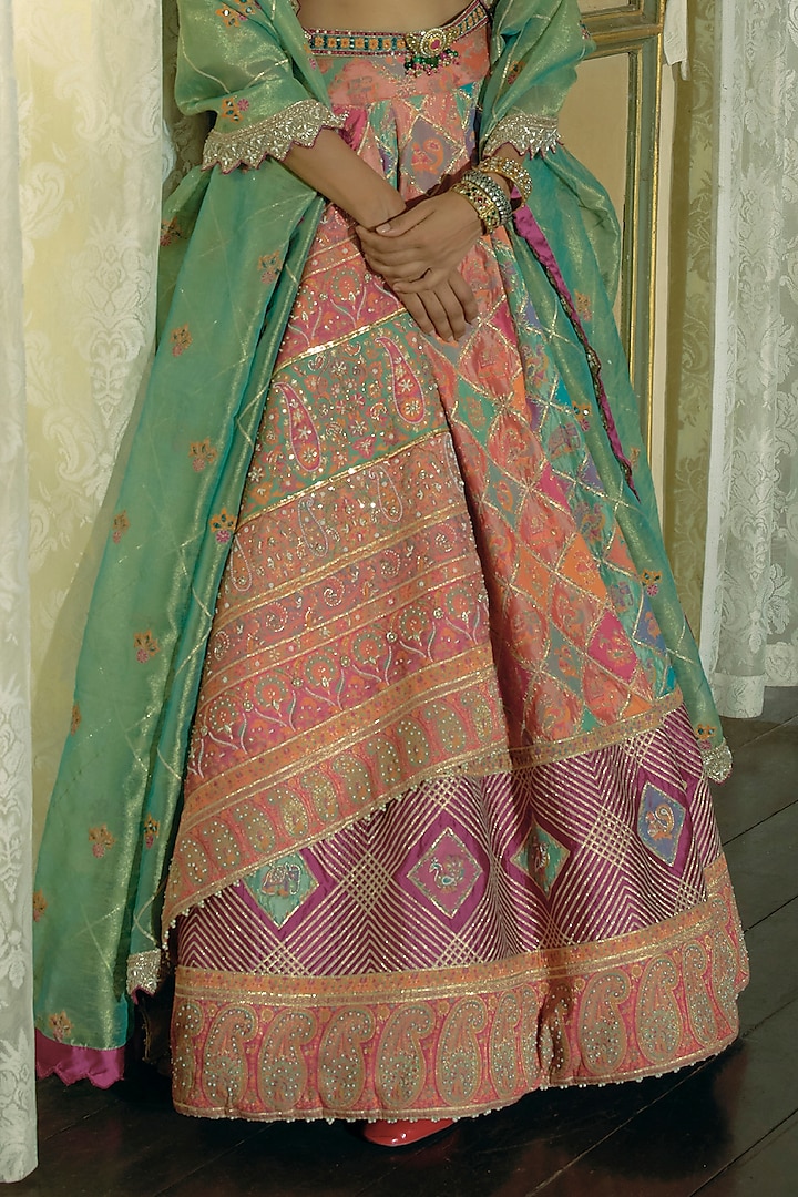 Coral & Firozi Jacquard Silk Banarasi Dabka Embroidered Kalidar Bridal Lehenga Set by Aditi Gupta at Pernia's Pop Up Shop