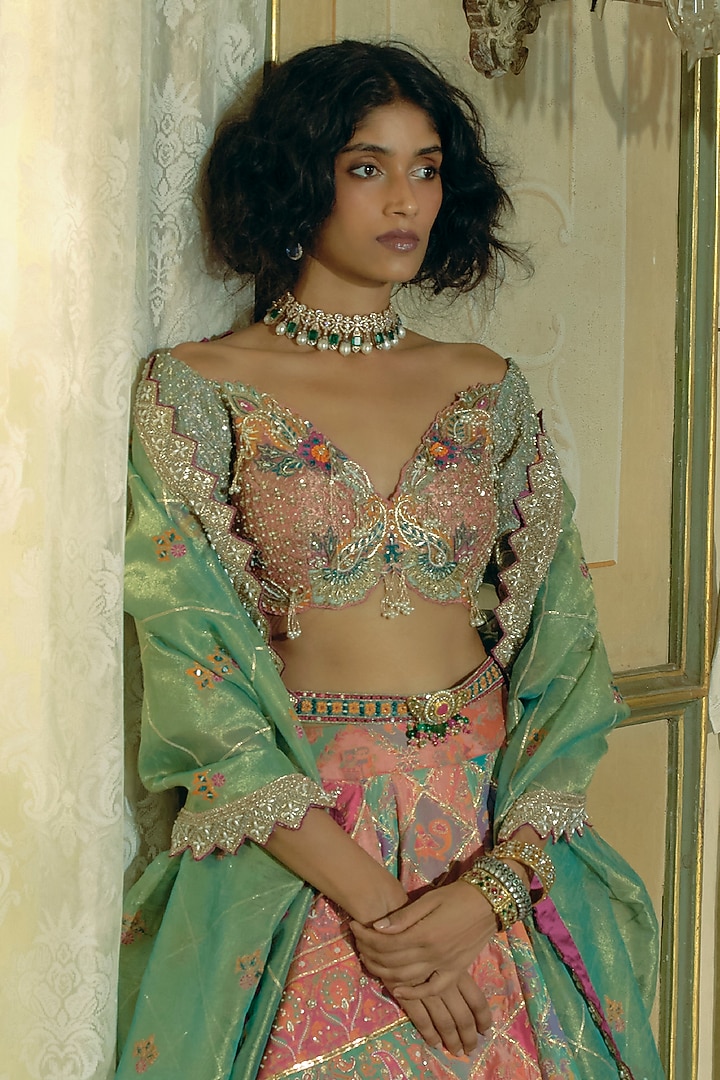Coral & Firozi Jacquard Silk Banarasi Dabka Embroidered Kalidar Bridal Lehenga Set by Aditi Gupta at Pernia's Pop Up Shop