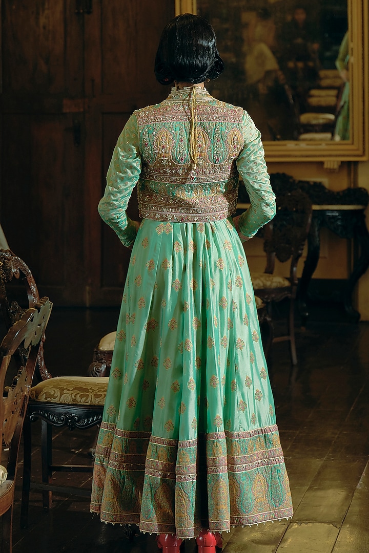 Firozi Green Jacquard Silk Banarasi Sequins Embroidered Kalidar Anarkali Set by Aditi Gupta at Pernia's Pop Up Shop