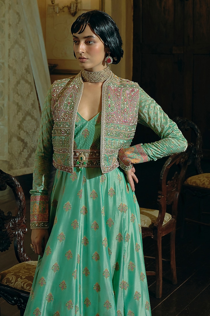 Firozi Green Jacquard Silk Banarasi Sequins Embroidered Kalidar Anarkali Set by Aditi Gupta at Pernia's Pop Up Shop