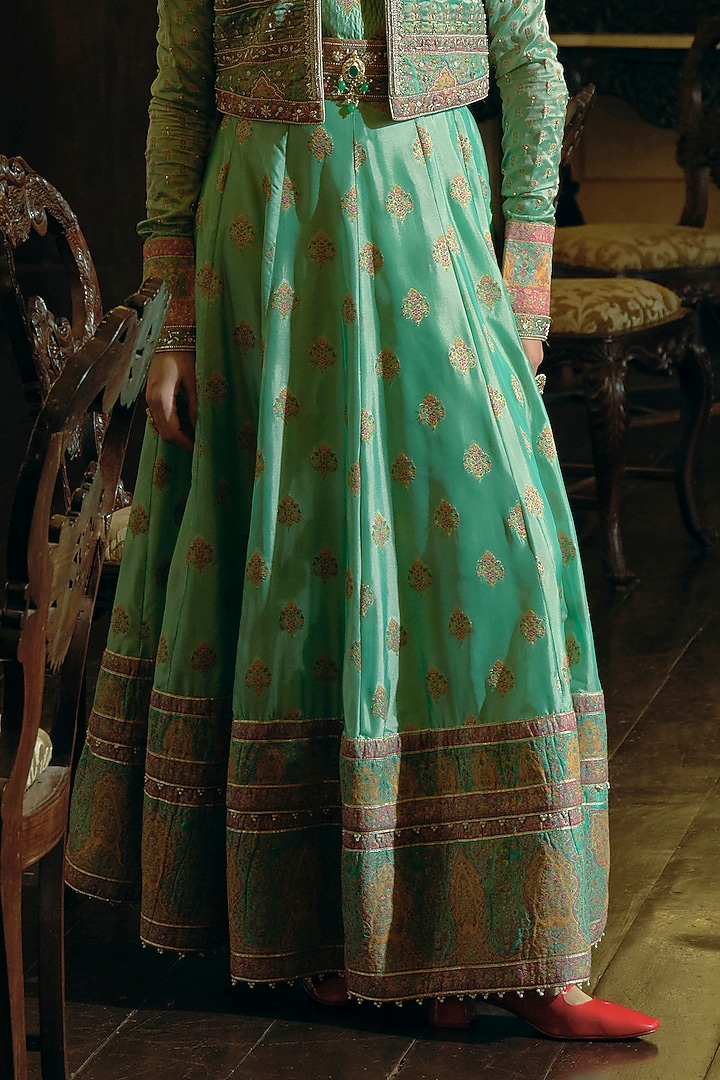 Firozi Green Jacquard Silk Banarasi Sequins Embroidered Kalidar Anarkali Set by Aditi Gupta at Pernia's Pop Up Shop
