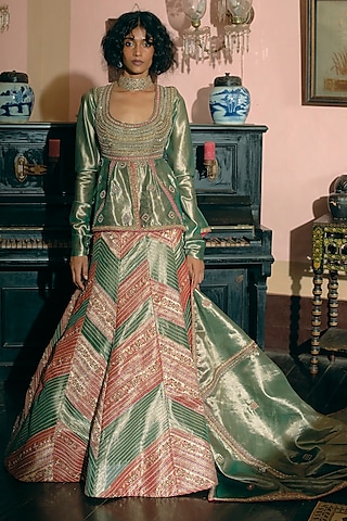 Emerald Green & Coral Silk Zari Tissue Pearl Embroidered Kalidar Lehenga Set by Aditi Gupta
