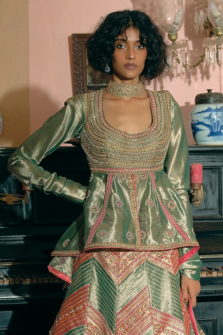 Emerald Green & Coral Silk Zari Tissue Pearl Embroidered Kalidar Bridal Lehenga Set by Aditi Gupta at Pernia's Pop Up Shop