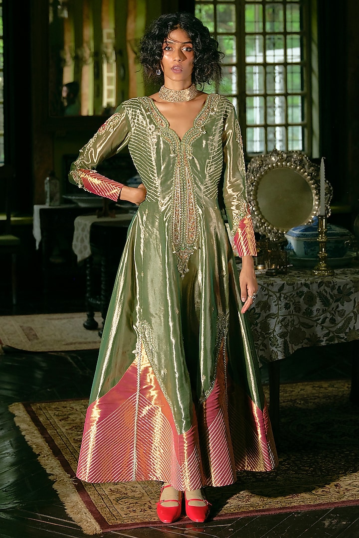 Emerald Green Silk Zari Tissue Pearl Embroidered Kalidar Anarkali Set by Aditi Gupta at Pernia's Pop Up Shop