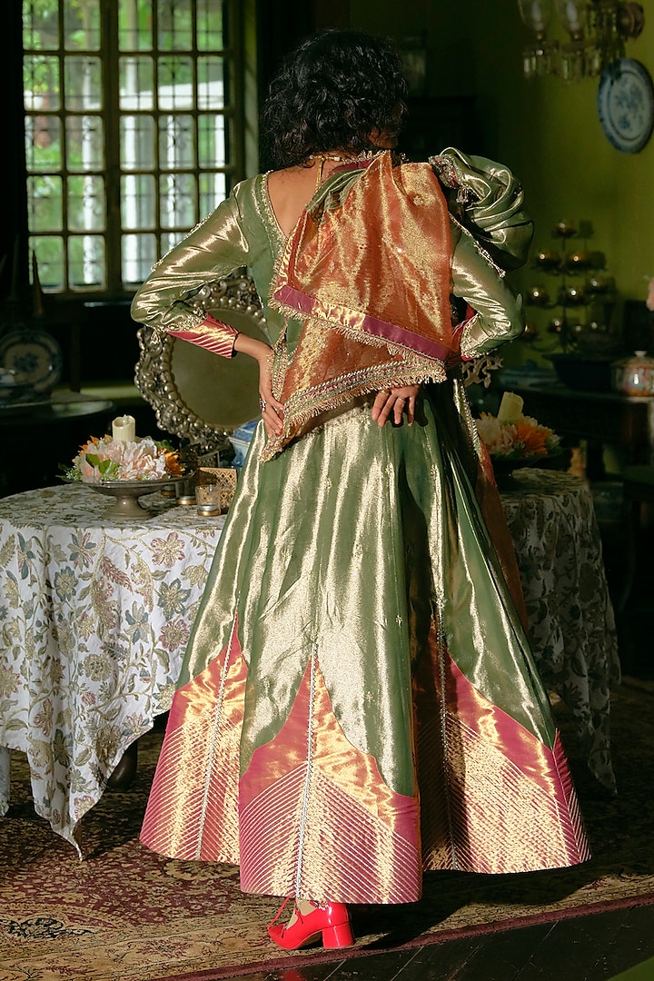 Emerald Green Silk Zari Tissue Pearl Embroidered Kalidar Wedding Anarkali Set by Aditi Gupta at Pernia's Pop Up Shop
