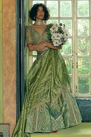 Emerald Green Silk Zari Tissue Pearl Embroidered Kalidar Lehenga Set by Aditi Gupta