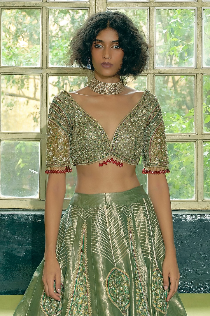 Emerald Green Silk Zari Tissue Pearl Embroidered Kalidar Bridal Lehenga Set by Aditi Gupta at Pernia's Pop Up Shop