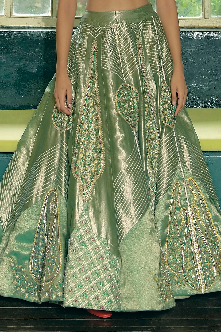 Emerald Green Silk Zari Tissue Pearl Embroidered Kalidar Bridal Lehenga Set by Aditi Gupta at Pernia's Pop Up Shop