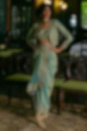 Turquoise Silk Zari Tissue Zari Embroidered Draped Skirt Set by Aditi Gupta at Pernia's Pop Up Shop