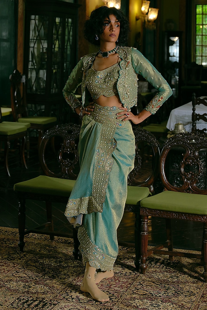 Turquoise Silk Zari Tissue Zari Embroidered Draped Skirt Set by Aditi Gupta at Pernia's Pop Up Shop