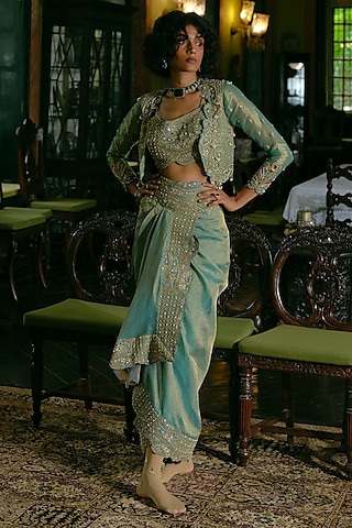 Turquoise Silk Zari Tissue Zari Embroidered Draped Skirt Set by Aditi Gupta