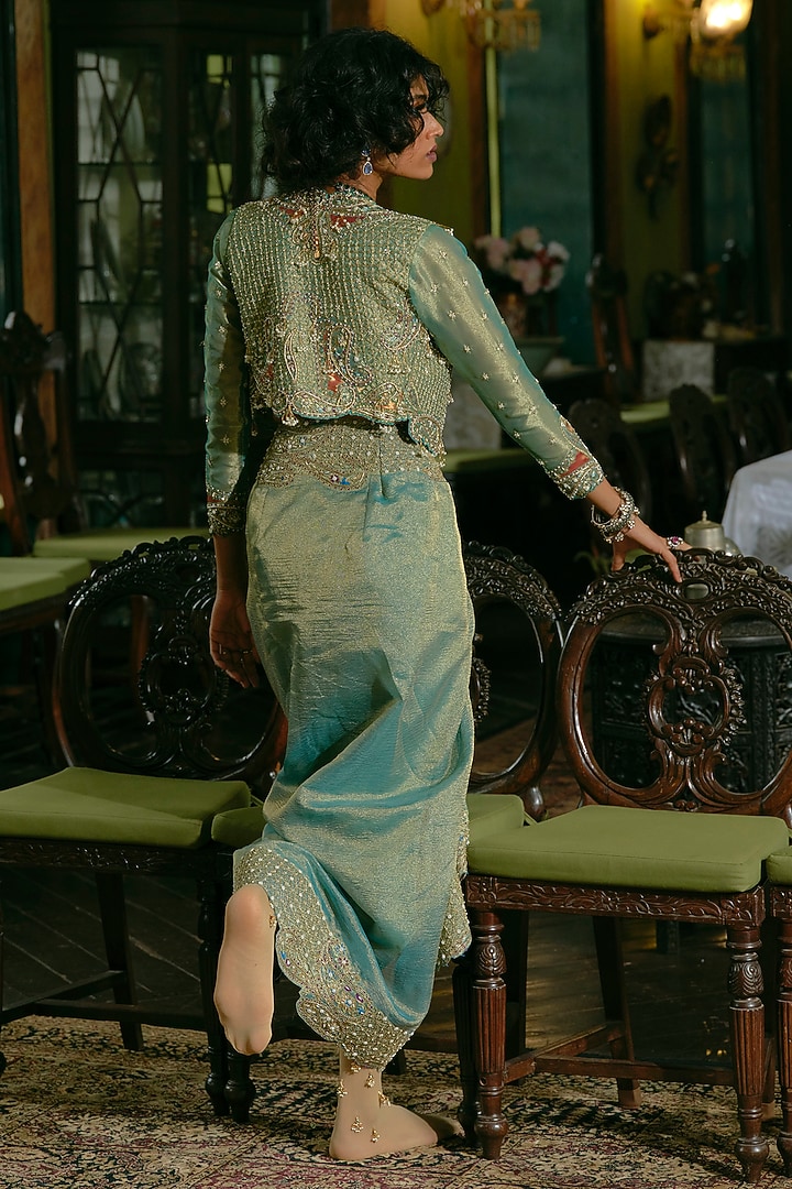 Turquoise Silk Zari Tissue Zari Embroidered Draped Skirt Set by Aditi Gupta at Pernia's Pop Up Shop