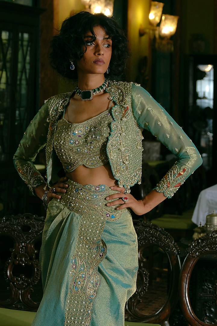 Turquoise Silk Zari Tissue Zari Embroidered Draped Skirt Set by Aditi Gupta at Pernia's Pop Up Shop