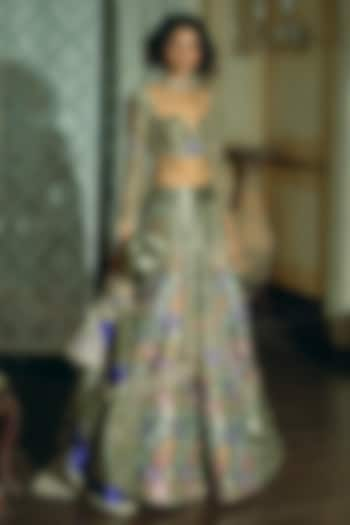 Grey Silk Zari Tissue Pearl Embroidered Kalidar Lehenga Set by Aditi Gupta