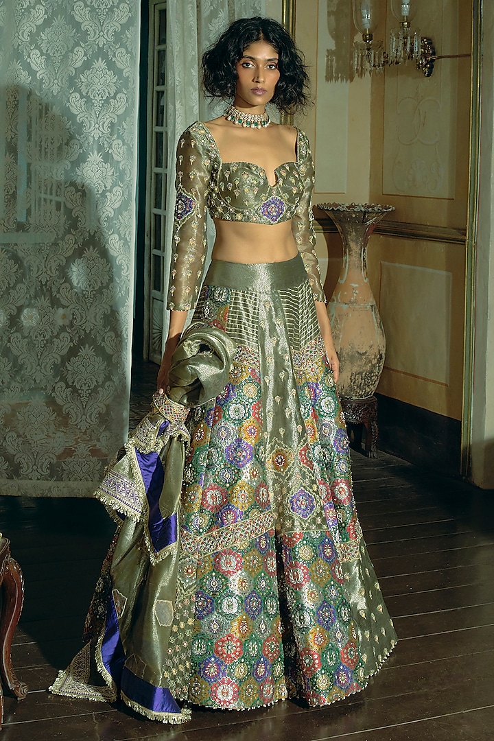 Grey Silk Zari Tissue Pearl Embroidered Kalidar Lehenga Set by Aditi Gupta