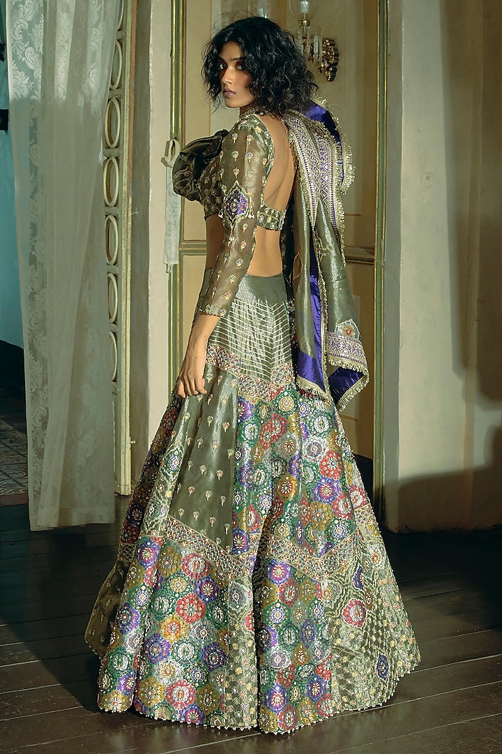 Grey Silk Zari Tissue Pearl Embroidered Kalidar Bridal Lehenga Set by Aditi Gupta at Pernia's Pop Up Shop