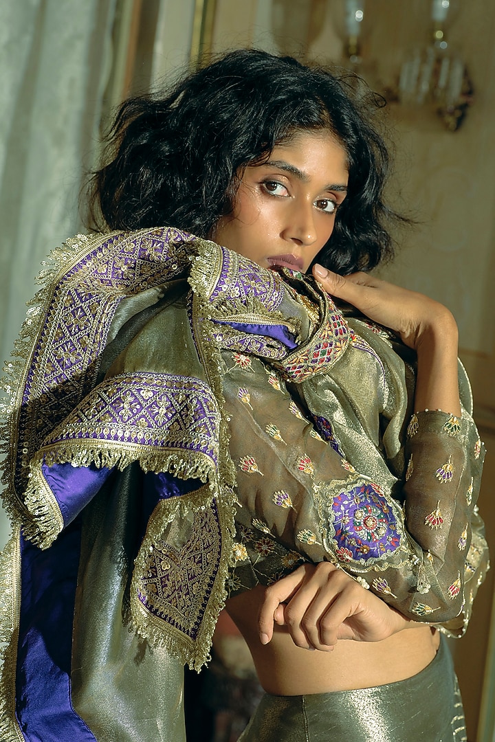 Grey Silk Zari Tissue Pearl Embroidered Kalidar Bridal Lehenga Set by Aditi Gupta at Pernia's Pop Up Shop