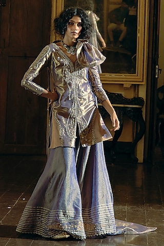 Purple Crushed Tissue Paisley Embroidered Sharara Set by Aditi Gupta