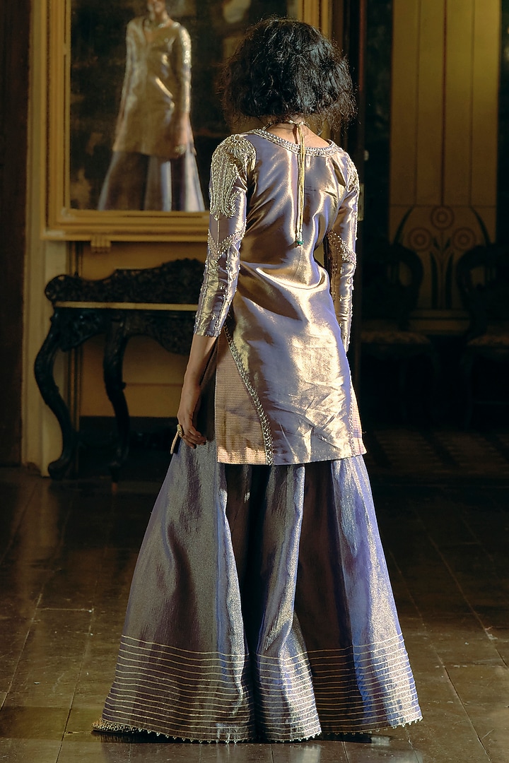 Purple Crushed Tissue Paisley Embroidered Wedding Sharara Set by Aditi Gupta at Pernia's Pop Up Shop