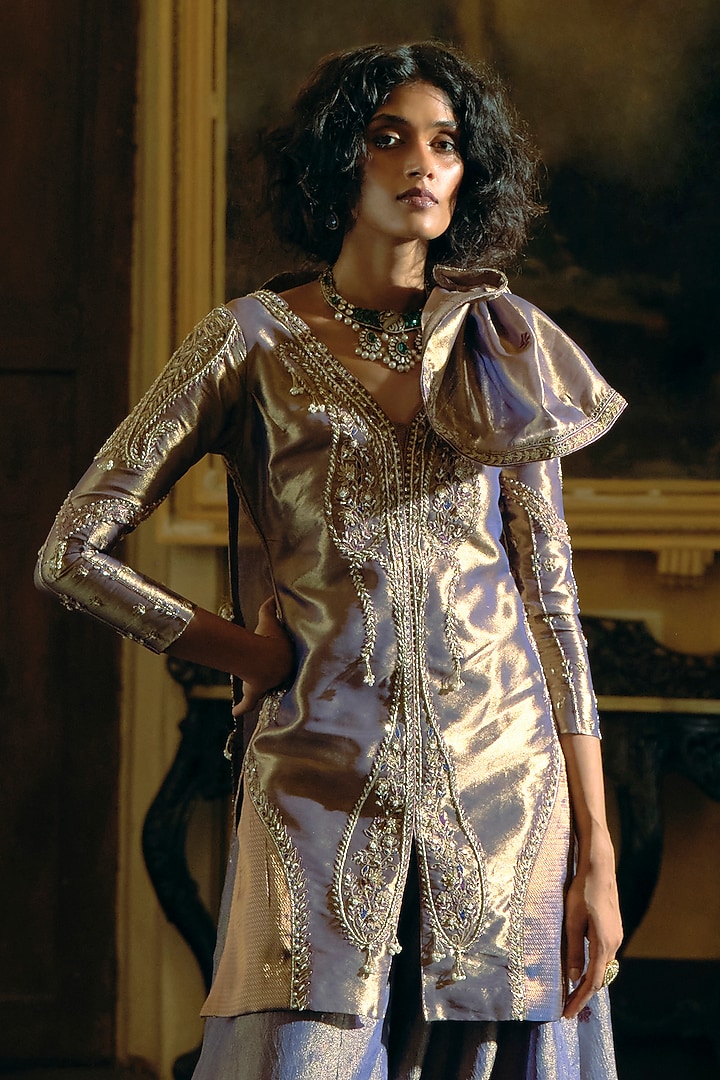 Purple Crushed Tissue Paisley Embroidered Wedding Sharara Set by Aditi Gupta at Pernia's Pop Up Shop