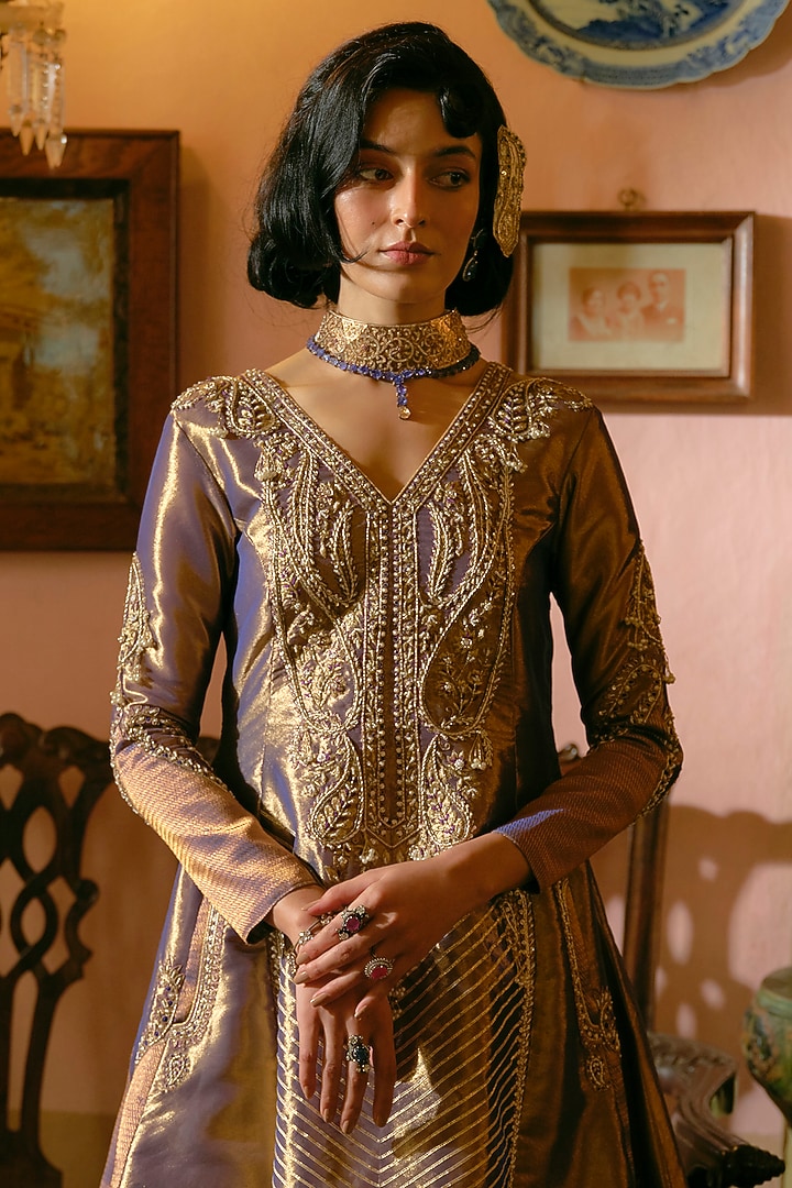Purple Silk Zari Tissue Pearl Embroidered Kalidar Bridal Anarkali Set by Aditi Gupta at Pernia's Pop Up Shop