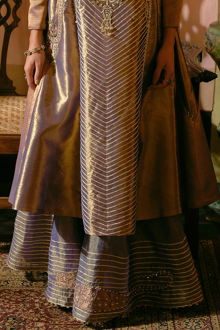 Purple Silk Zari Tissue Pearl Embroidered Kalidar Bridal Anarkali Set by Aditi Gupta at Pernia's Pop Up Shop