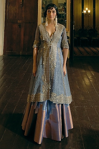 Blue Silk Zari Tissue Zardosi Embroidered Kalidar Jacket Lehenga Set by Aditi Gupta