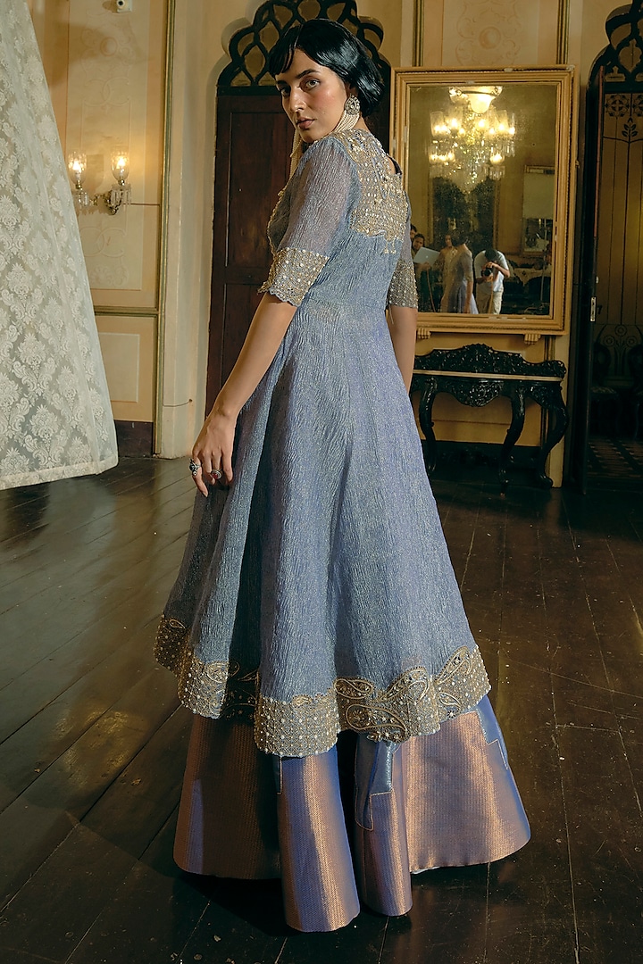 Blue Silk Zari Tissue Zardosi Embroidered Kalidar Jacket Wedding Lehenga Set by Aditi Gupta at Pernia's Pop Up Shop