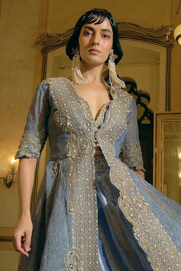 Blue Silk Zari Tissue Zardosi Embroidered Kalidar Jacket Wedding Lehenga Set by Aditi Gupta at Pernia's Pop Up Shop