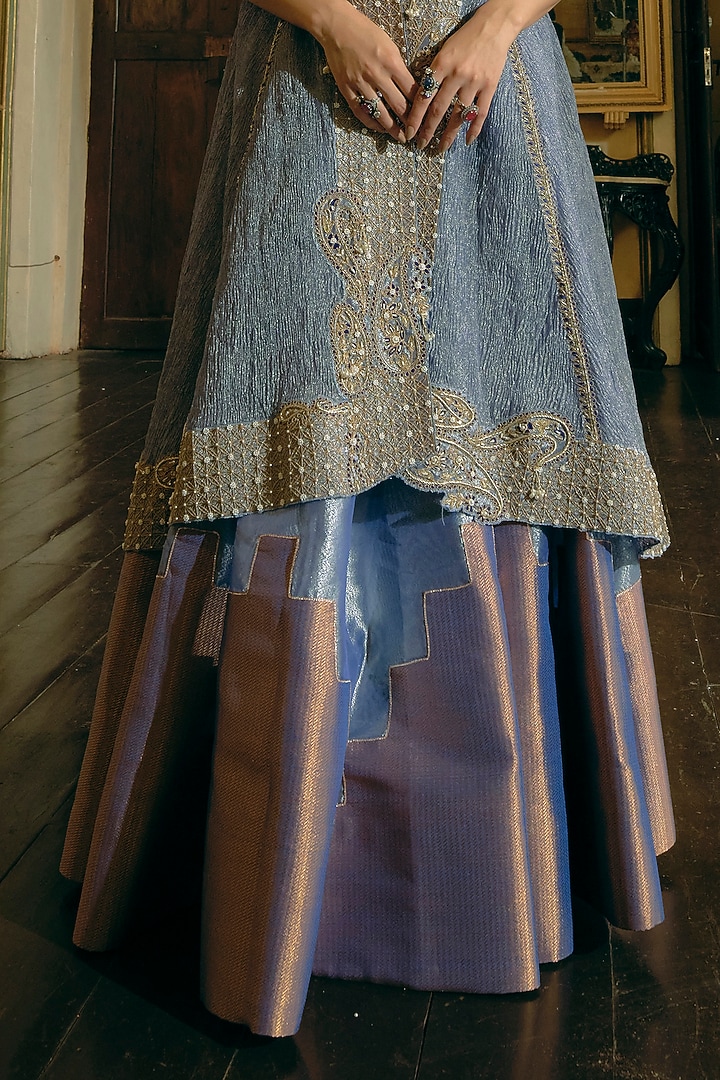 Blue Silk Zari Tissue Zardosi Embroidered Kalidar Jacket Wedding Lehenga Set by Aditi Gupta at Pernia's Pop Up Shop
