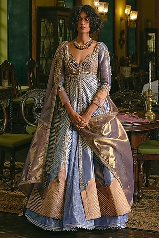 Blue Silk Zari Tissue Zardosi Embroidered Kalidar Jacket Set by Aditi Gupta