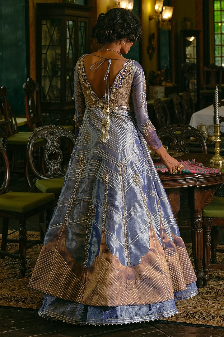 Blue Silk Zari Tissue Zardosi Embroidered Kalidar Jacket Set by Aditi Gupta at Pernia's Pop Up Shop