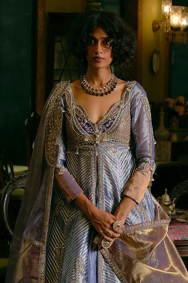 Blue Silk Zari Tissue Zardosi Embroidered Kalidar Jacket Set by Aditi Gupta at Pernia's Pop Up Shop