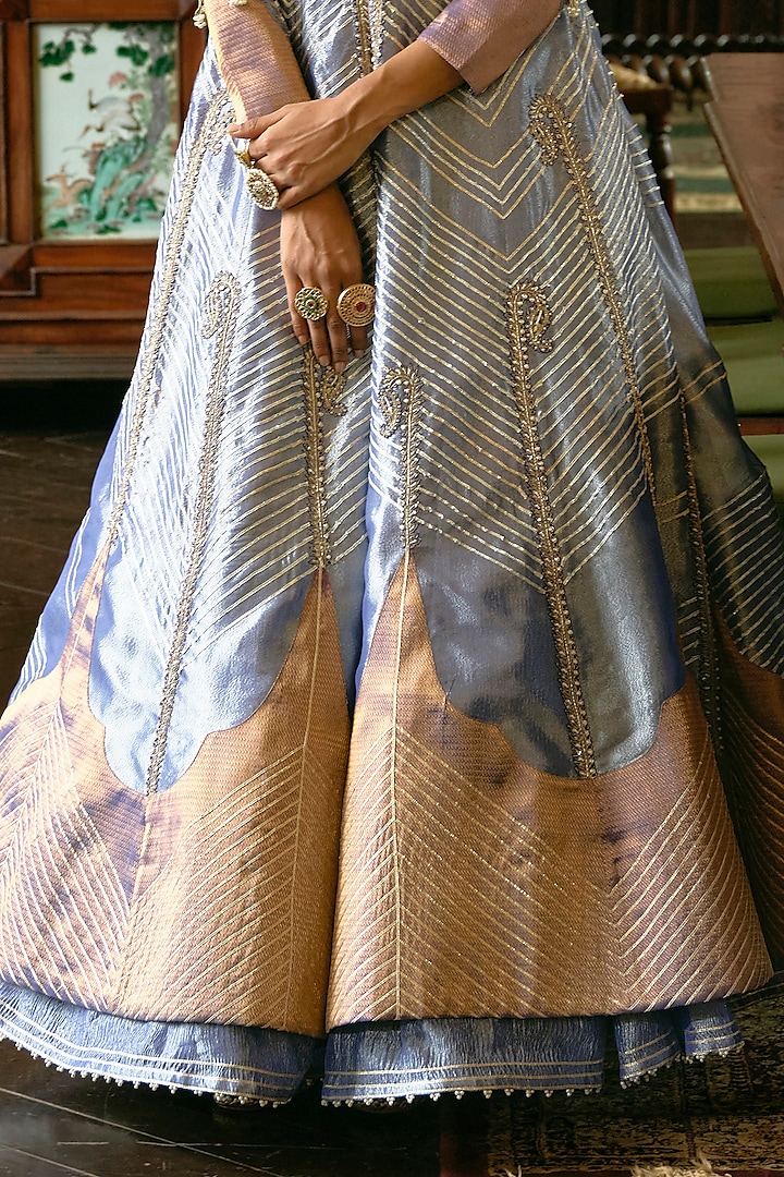 Blue Silk Zari Tissue Zardosi Embroidered Kalidar Jacket Set by Aditi Gupta at Pernia's Pop Up Shop