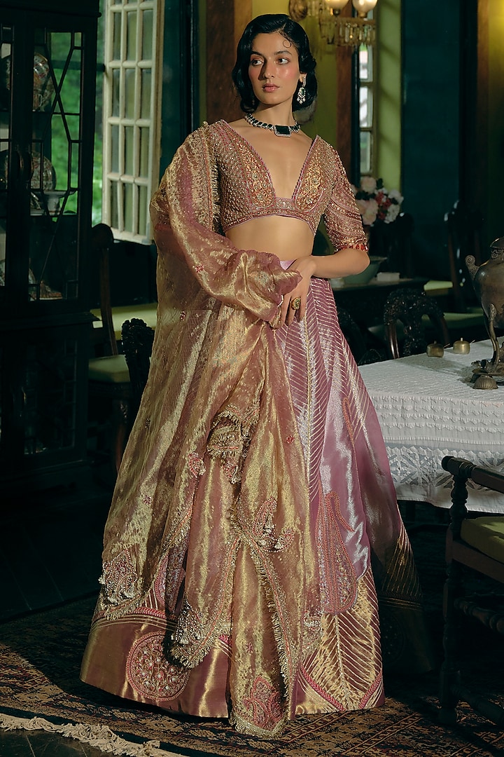 Purple Silk Zari Tissue Pearl Embroidered Kalidar Lehenga Set by Aditi Gupta