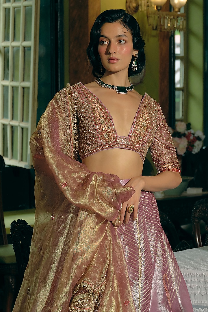 Purple Silk Zari Tissue Pearl Embroidered Kalidar Bridal Lehenga Set by Aditi Gupta at Pernia's Pop Up Shop