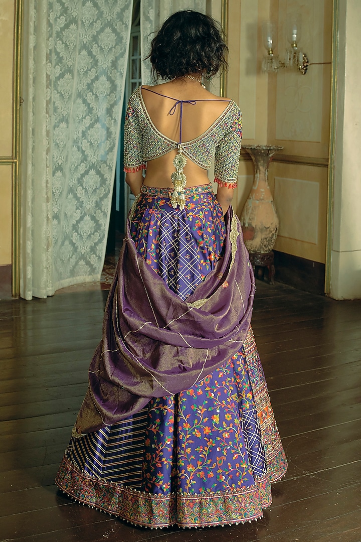 Purple Silk Zari Tissue Sequins Embroidered Kalidar Bridal Lehenga Set by Aditi Gupta at Pernia's Pop Up Shop
