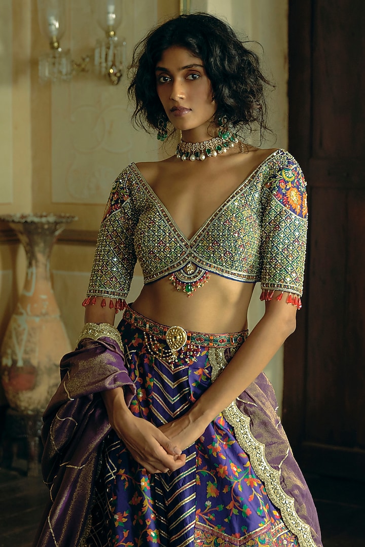 Purple Silk Zari Tissue Sequins Embroidered Kalidar Bridal Lehenga Set by Aditi Gupta at Pernia's Pop Up Shop