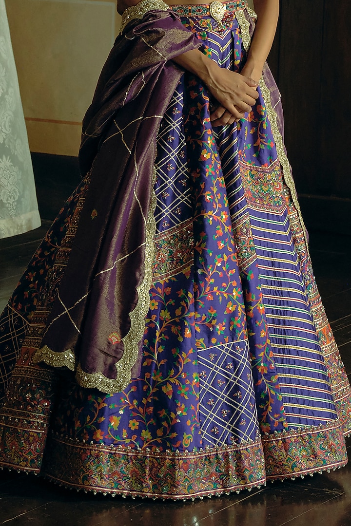 Purple Silk Zari Tissue Sequins Embroidered Kalidar Bridal Lehenga Set by Aditi Gupta at Pernia's Pop Up Shop