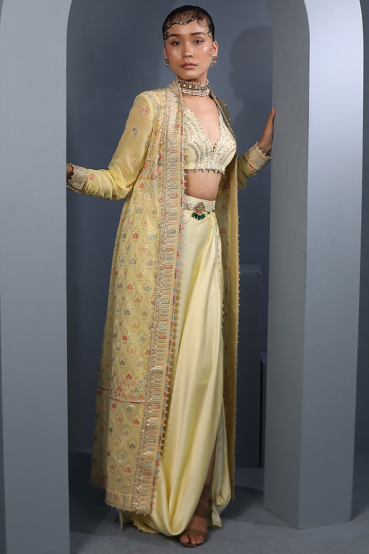 Yellow Embroidered Cape Set by Aditi Gupta