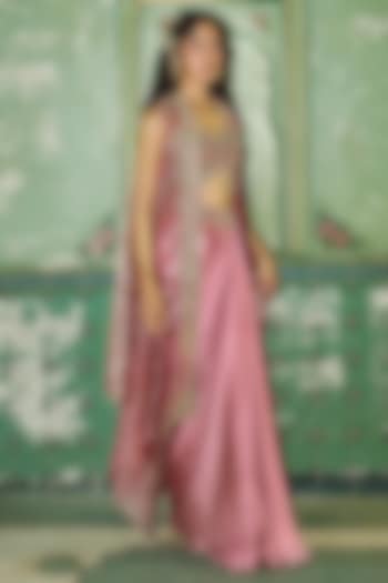 Blush Pink Armani Satin Draped Skirt Set by Aditi Gupta at Pernia's Pop Up Shop