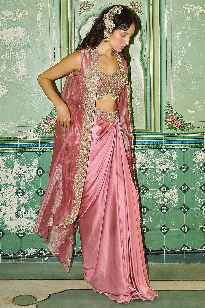 Blush Pink Armani Satin Draped Skirt Set by Aditi Gupta at Pernia's Pop Up Shop