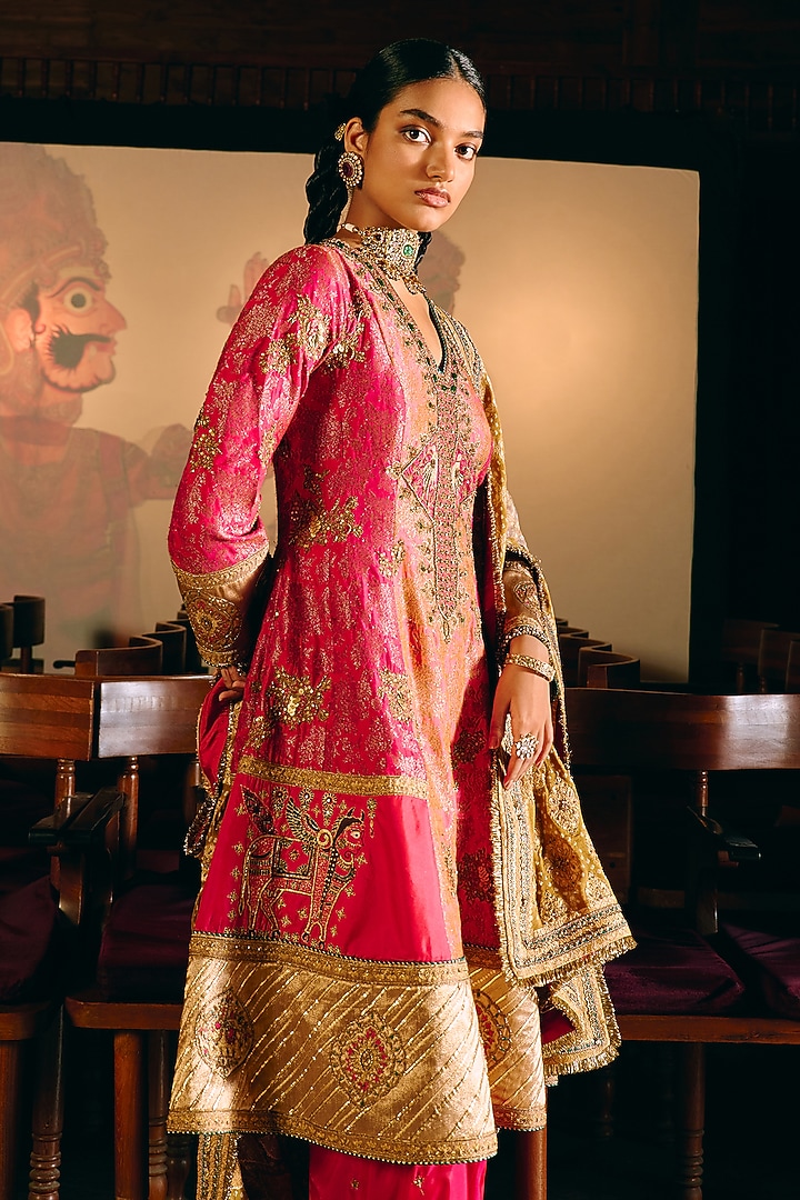 Fuchsia Pink Banarasi Silk Embroidered Bridal Anarkali Set by Aditi Gupta at Pernia's Pop Up Shop