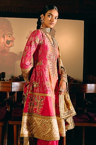 Fuchsia Pink Banarasi Silk Embroidered Anarkali Set by aditi gupta
