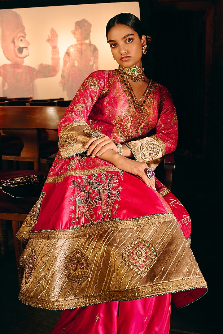 Fuchsia Pink Banarasi Silk Embroidered Bridal Anarkali Set by Aditi Gupta at Pernia's Pop Up Shop