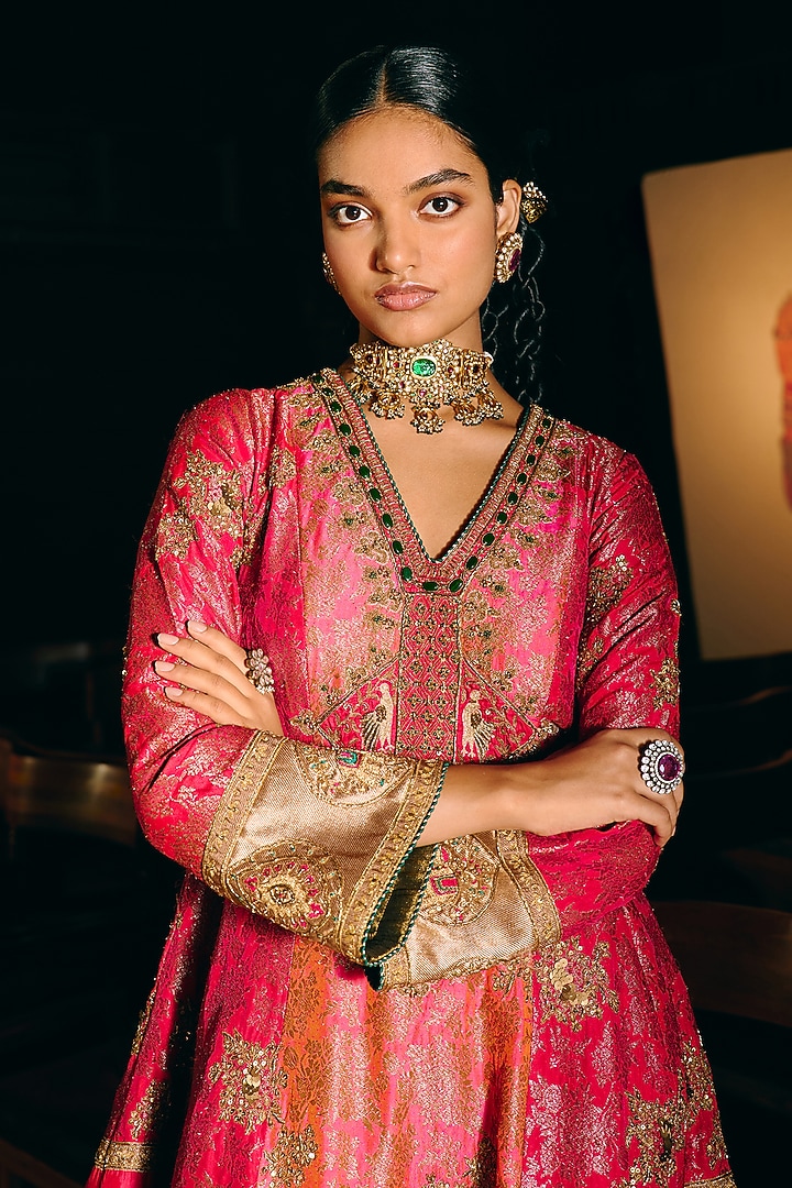 Fuchsia Pink Banarasi Silk Embroidered Bridal Anarkali Set by Aditi Gupta at Pernia's Pop Up Shop