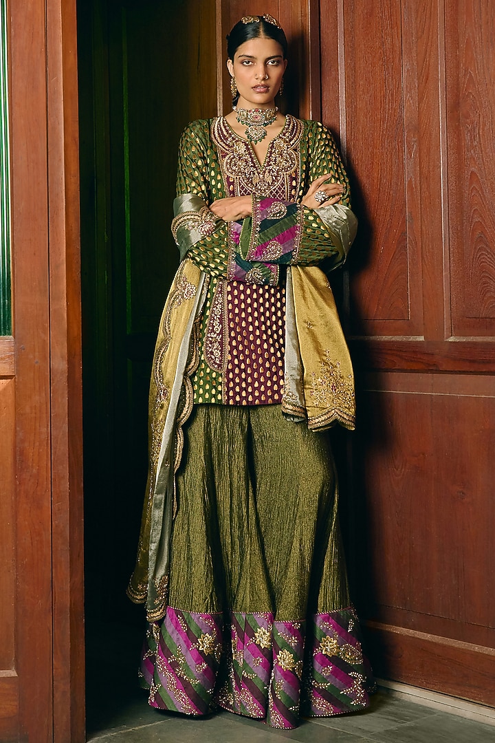 Green & Wine Banarasi Silk Bridal Sharara Set by Aditi Gupta at Pernia's Pop Up Shop