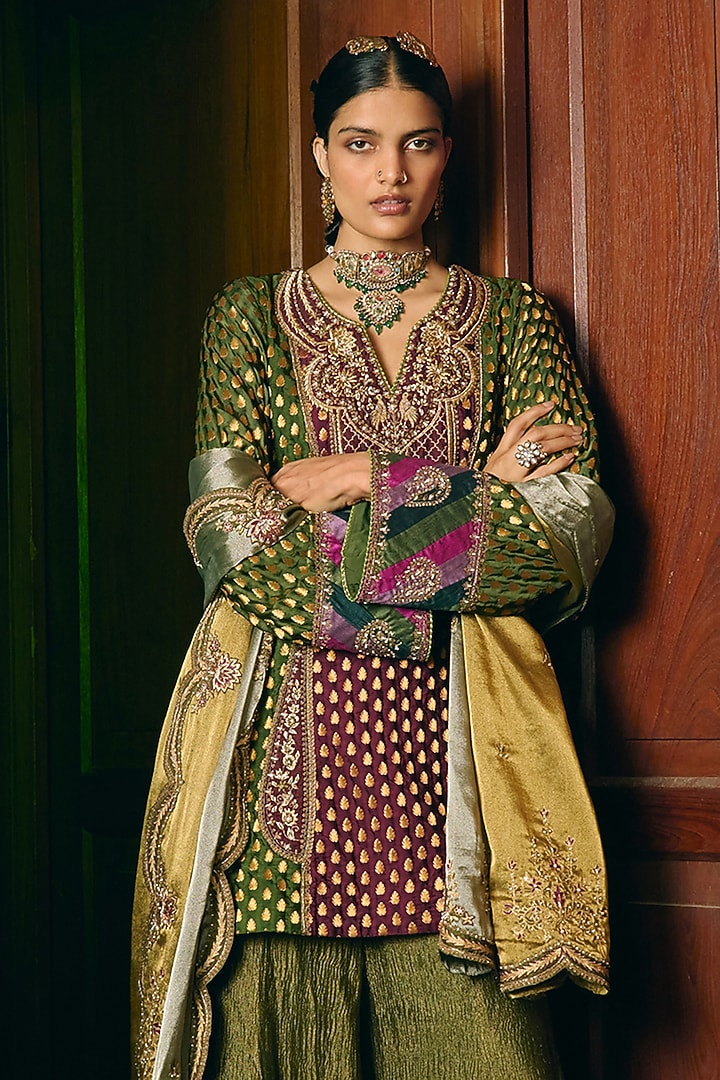 Green & Wine Banarasi Silk Bridal Sharara Set by Aditi Gupta at Pernia's Pop Up Shop