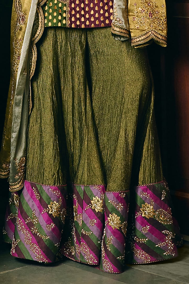 Green & Wine Banarasi Silk Bridal Sharara Set by Aditi Gupta at Pernia's Pop Up Shop
