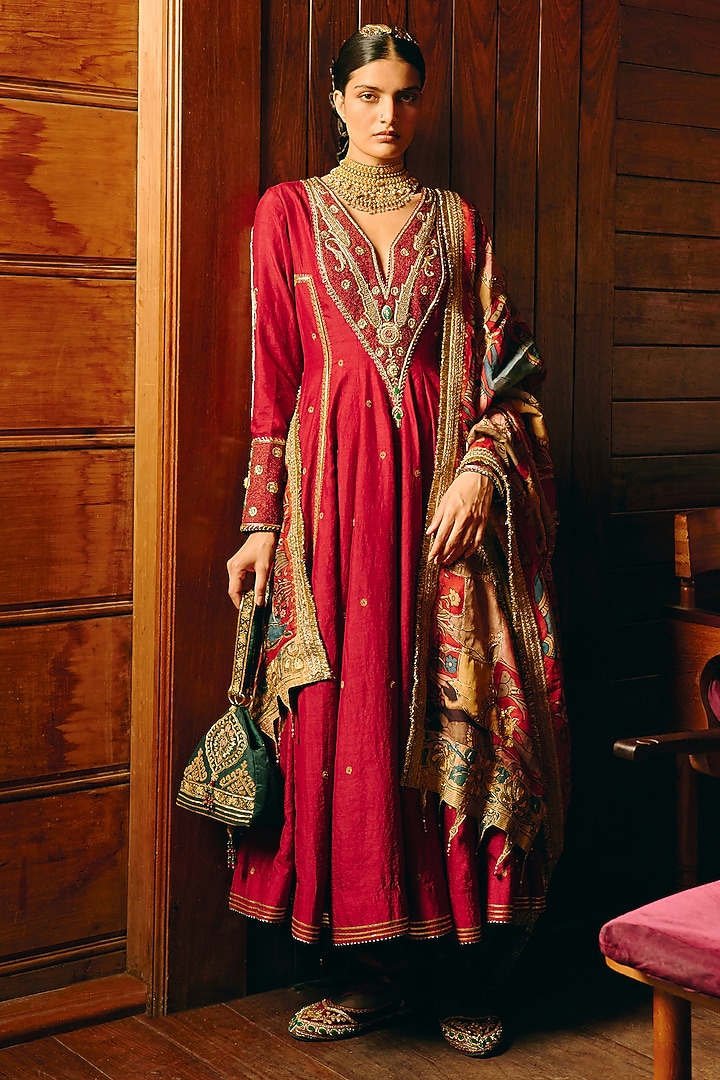 Maroon Silk Dori & Zari Work Bridal Anarkali Set by Aditi Gupta at Pernia's Pop Up Shop
